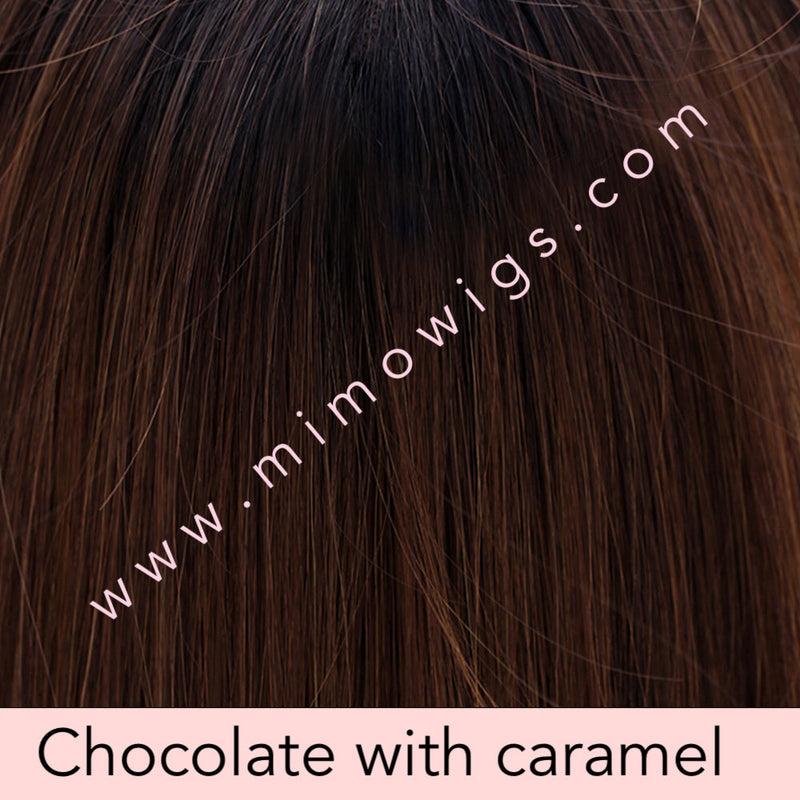 CHOCOLATE WITH CARAMEL • 8/27R4 ••• Dark brown root with a blend of med & chocolate brown