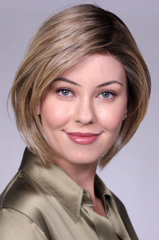 RAW SUGAR BLONDE ROOTED | 12/14/88+8 |. Mixture of Neutral Lt blonde w/ honey blonde + pale gold blonde w/ the base of Lt brown low lights featuring Med root color