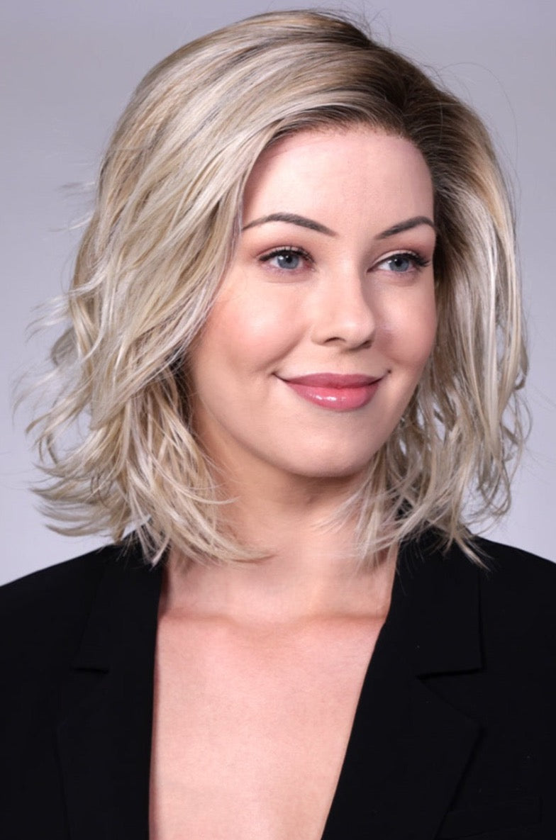 CRUSHED ALMOND BLONDE ROOTED • 14/17/101+18 |  Creamy cool blend of Lt to Med sandy blonde w/ chunky highlights of light ash blonde & platinum • overall soft neutral Lt blonde w/ Lt & Med blended root