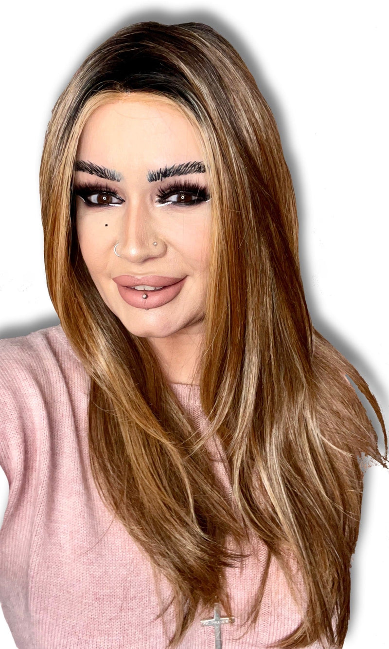 CHOCOLATE WITH CARAMEL • 8/27R4 ••• Dark brown root with a blend of med & chocolate brown